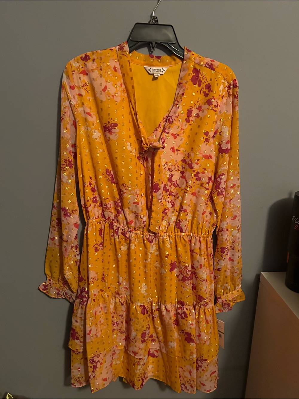 Nanette Lepore Yellow Floral Long-Sleeve Tie-Neck Dress